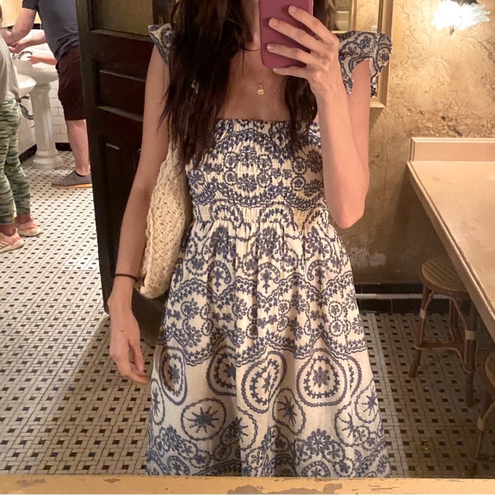 Zara Blue and Cream Smocked Midi Dress